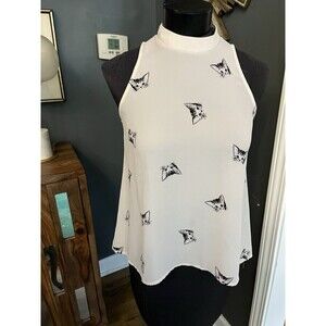 Everly Sheer Cute Cat Top Women's Sz M Tank Style Cream Blouse Kittens Shirt